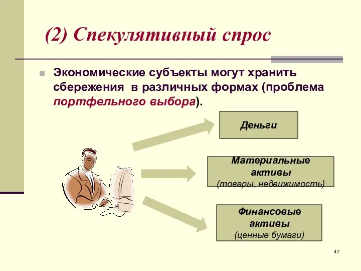 (2) Спекулятивный спрос Экономические субъекты могут хранить сбережения в различных формах (проблема портфельного выбора).