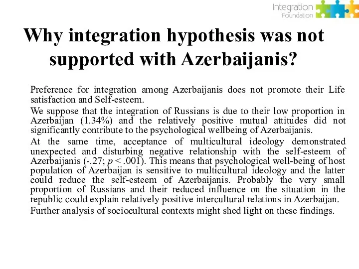 Why integration hypothesis was not supported with Azerbaijanis? Preference for integration among Azerbaijanis