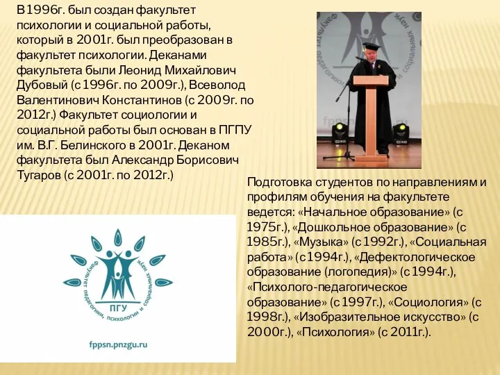 В 1996г. был создан факультет психологии и социальной работы, который