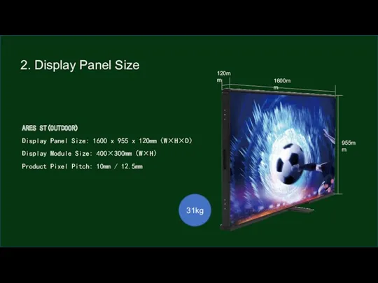 ARES ST(OUTDOOR) Display Panel Size: 1600 x 955 x 120mm（W×H×D） Display Module Size: