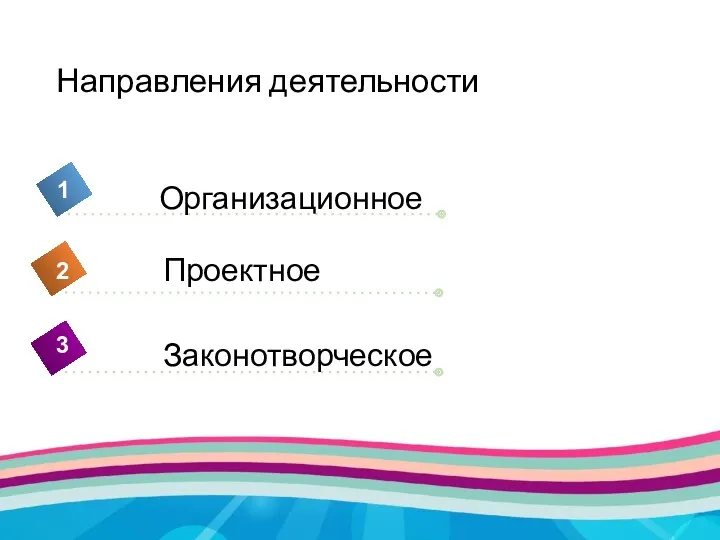 Направления деятельности Организационное 1 2 3 Проектное Законотворческое