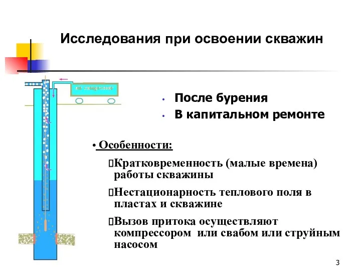 После бурения В капитальном ремонте Особенности: Кратковременность (малые времена) работы скважины Нестационарность теплового