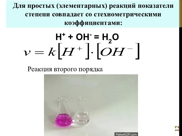 Н+ + ОН- = Н2О Для простых (элементарных) реакций показатели степени совпадает со