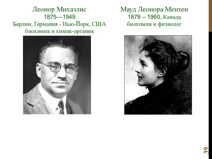 Мауд Леонора Ментен 1879 – 1960, Канада биохимик и физиолог Леонор Михаэлис 1875—1949