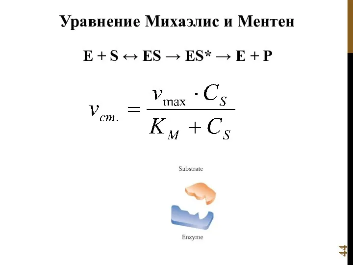 E + S ↔ ES → ES* → E + P Уравнение Михаэлис и Ментен