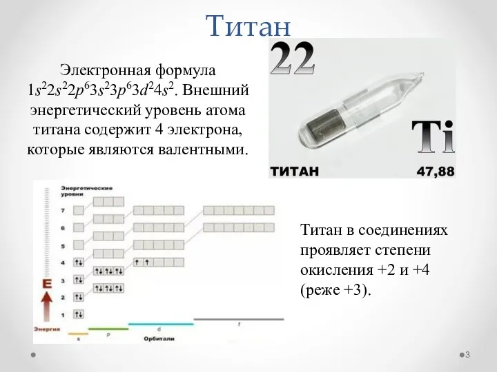 Титан Электронная формула 1s22s22p63s23p63d24s2. Внешний энергетический уровень атома титана содержит