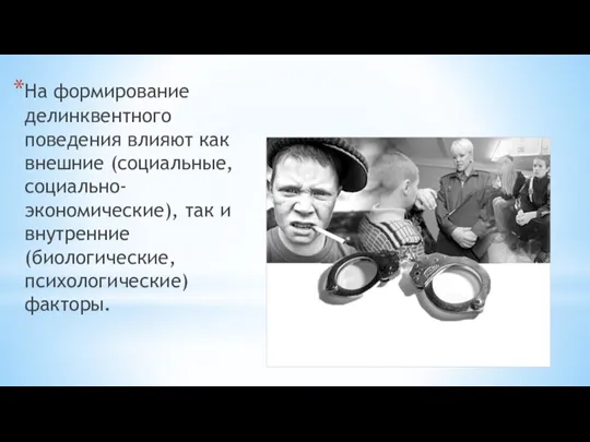 На формирование делинквентного поведения влияют как внешние (социальные, социально-экономические), так и внутренние (биологические, психологические) факторы.