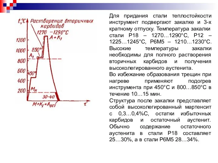 Для придания стали теплостойкости инструмент подвергают закалке и 3-х кратному