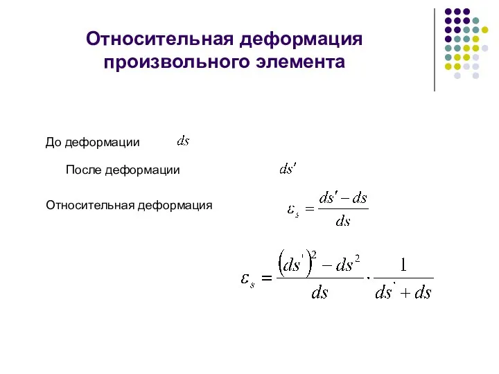 Относительная деформация произвольного элемента До деформации После деформации Относительная деформация