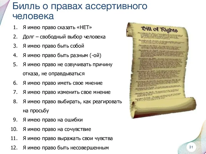 Билль о правах ассертивного человека Я имею право сказать «НЕТ» Долг – свободный