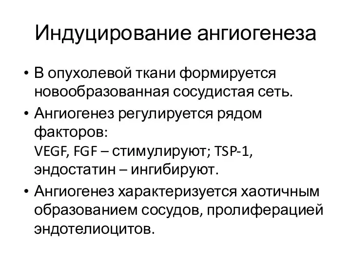 Индуцирование ангиогенеза В опухолевой ткани формируется новообразованная сосудистая сеть. Ангиогенез