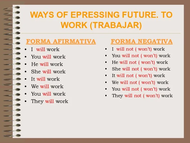 WAYS OF EPRESSING FUTURE. TO WORK (TRABAJAR) FORMA AFIRMATIVA I