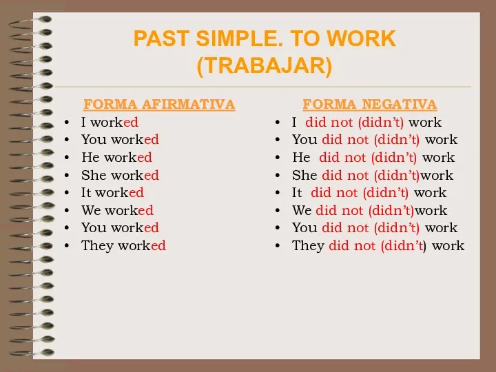 PAST SIMPLE. TO WORK (TRABAJAR) FORMA AFIRMATIVA I worked You