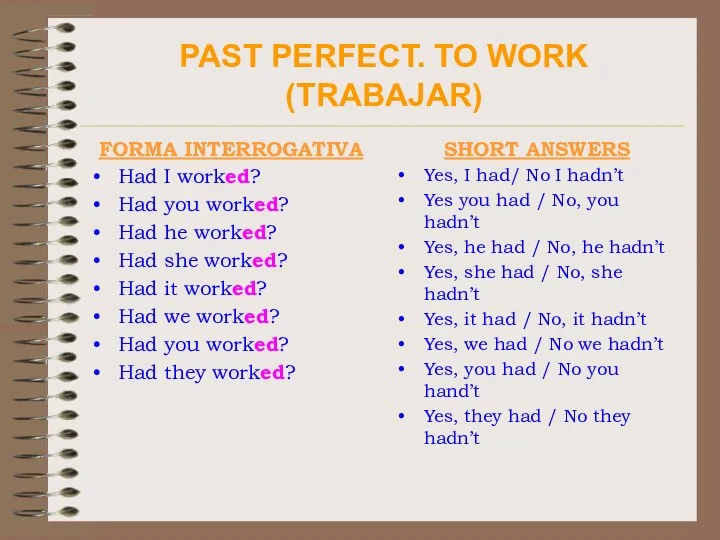 PAST PERFECT. TO WORK (TRABAJAR) FORMA INTERROGATIVA Had I worked?