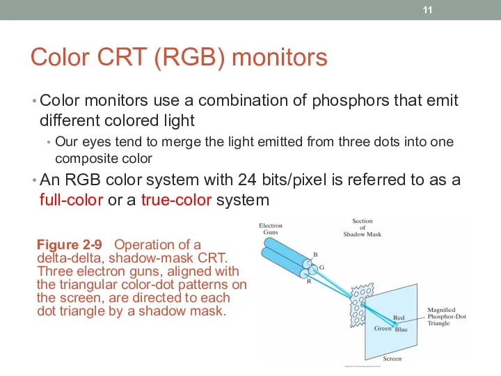 Color CRT (RGB) monitors Color monitors use a combination of phosphors that emit