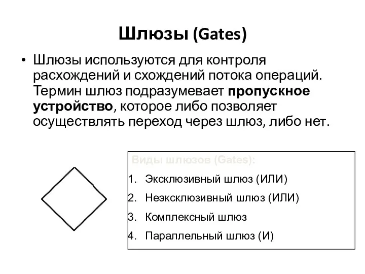 Шлюзы (Gates) Шлюзы используются для контроля расхождений и схождений потока операций. Термин шлюз