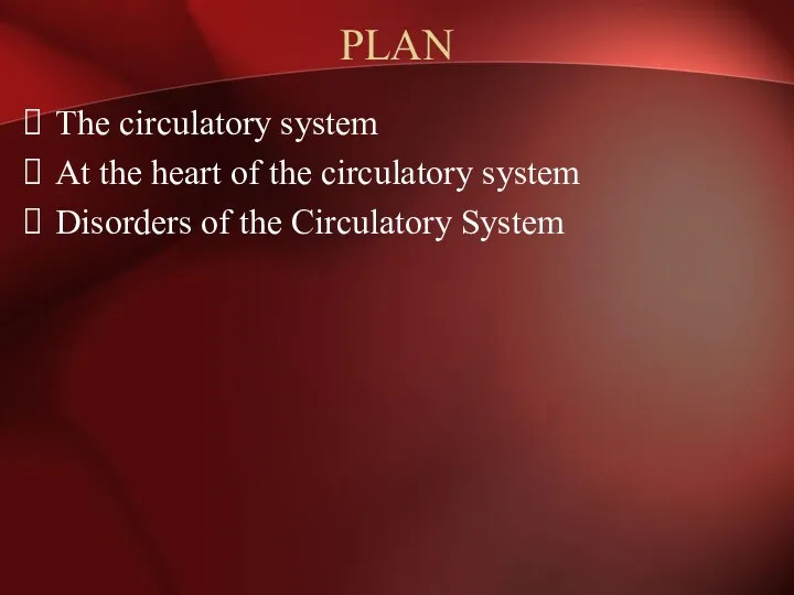 PLAN The circulatory system At the heart of the circulatory system Disorders of the Circulatory System