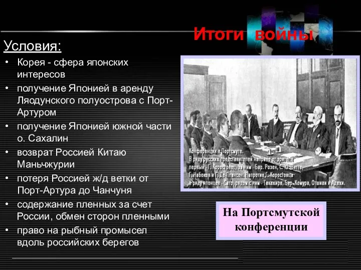 Итоги войны Условия: Корея - сфера японских интересов получение Японией