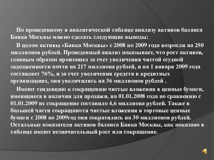 По проведенному в аналитической таблице анализу активов баланса Банка Москвы