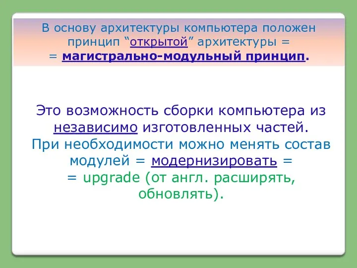 В основу архитектуры компьютера положен принцип “открытой” архитектуры = =