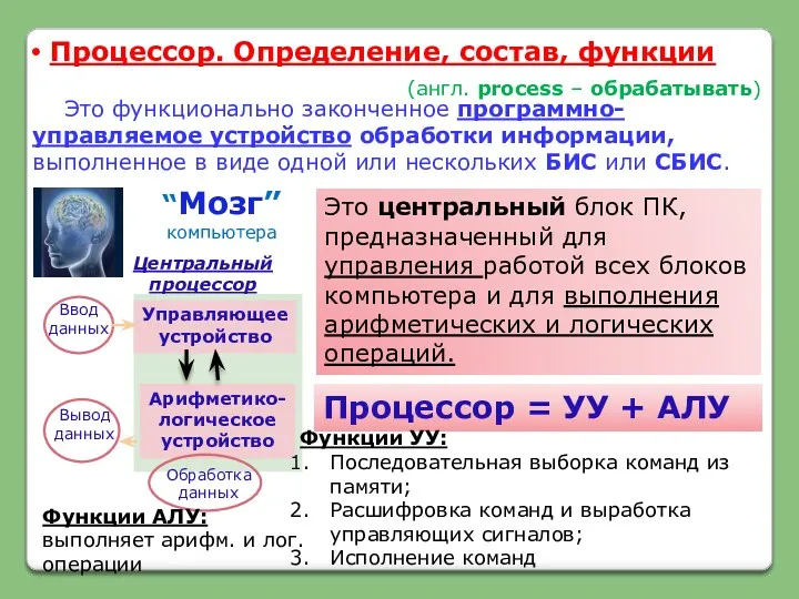 Процессор. Определение, состав, функции Это функционально законченное программно-управляемое устройство обработки