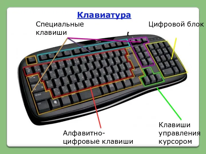 Алфавитно-цифровые клавиши Специальные клавиши Клавиши управления курсором Цифровой блок Клавиатура