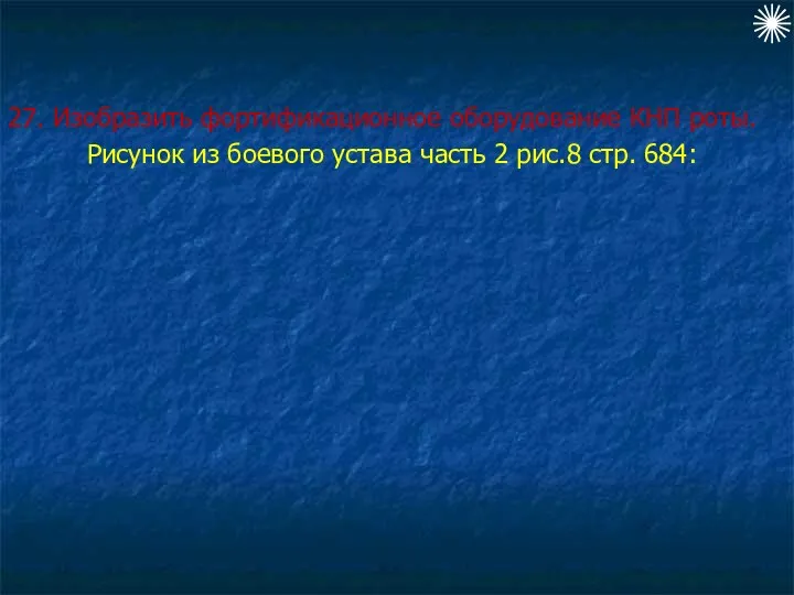 27. Изобразить фортификационное оборудование КНП роты. Рисунок из боевого устава часть 2 рис.8 стр. 684: