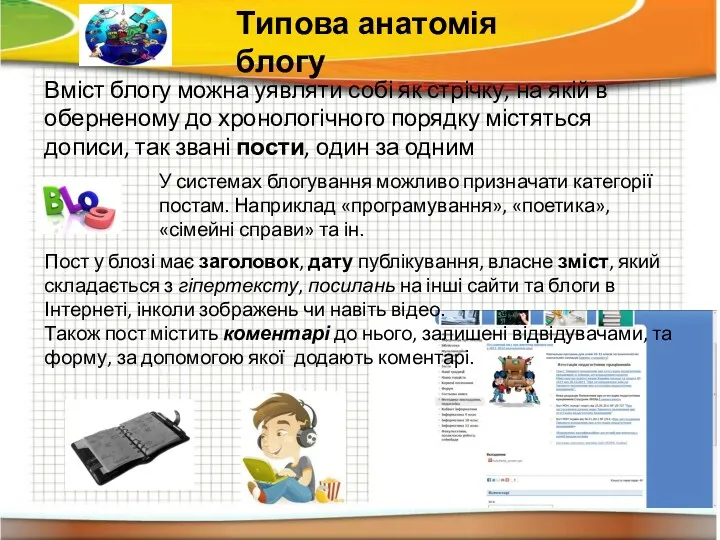 Типова анатомія блогу Вміст блогу можна уявляти собі як стрічку,