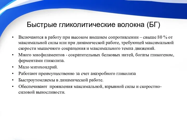 Быстрые гликолитические волокна (БГ) Включаются в работу при высоком внешнем