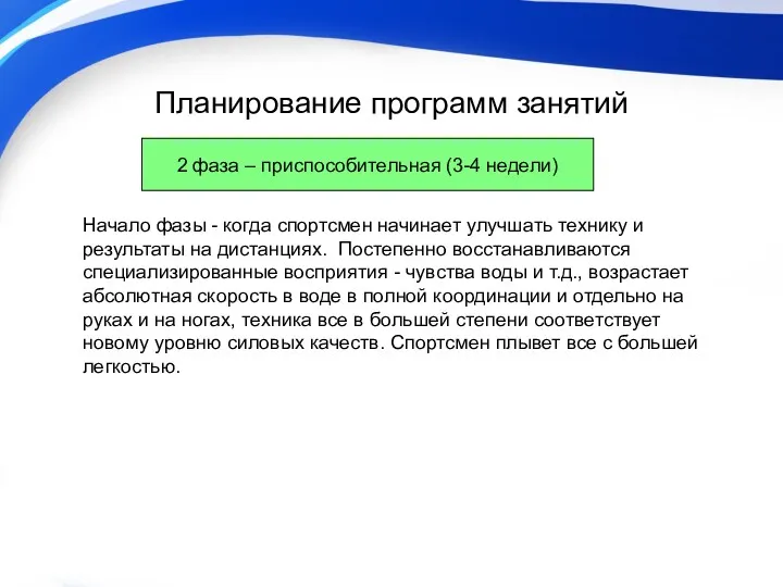 Планирование программ занятий Начало фазы - когда спортсмен начинает улучшать