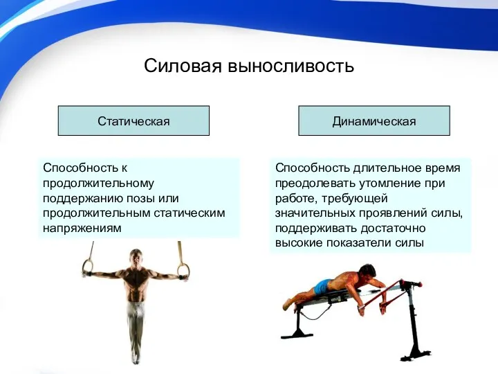 Силовая выносливость Динамическая Статическая Способность к продолжительному поддержанию позы или