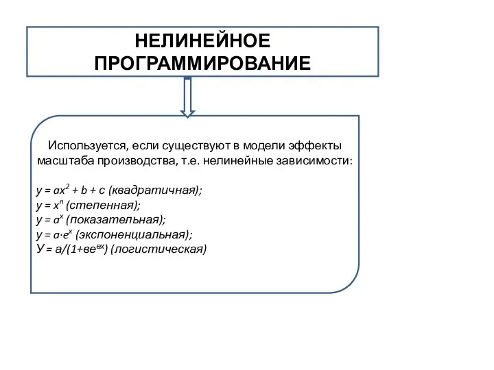 НЕЛИНЕЙНОЕ ПРОГРАММИРОВАНИЕ Используется, если существуют в модели эффекты масштаба производства,