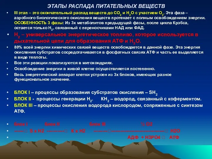 ЭТАПЫ РАСПАДА ПИТАТЕЛЬНЫХ ВЕЩЕСТВ III этап – это окончательный распад