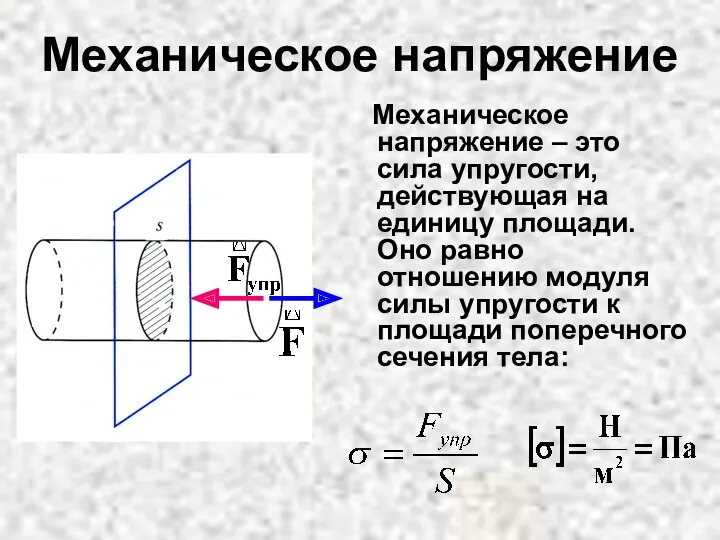 Механическое напряжение Механическое напряжение – это сила упругости, действующая на единицу площади. Оно