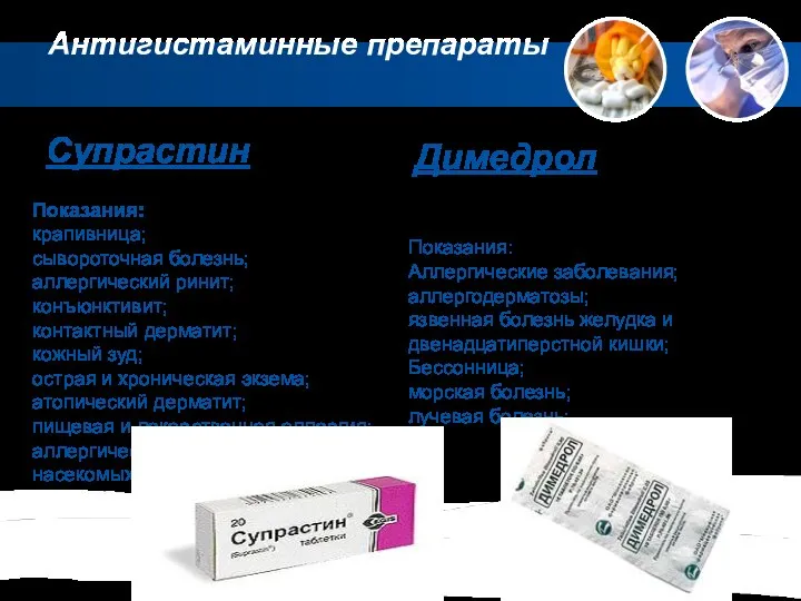 Антигистаминные препараты Показания: крапивница; сывороточная болезнь; аллергический ринит; конъюнктивит; контактный