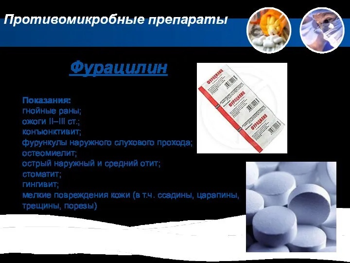 Противомикробные препараты Фурацилин Показания: гнойные раны; ожоги II–III ст.; конъюнктивит;