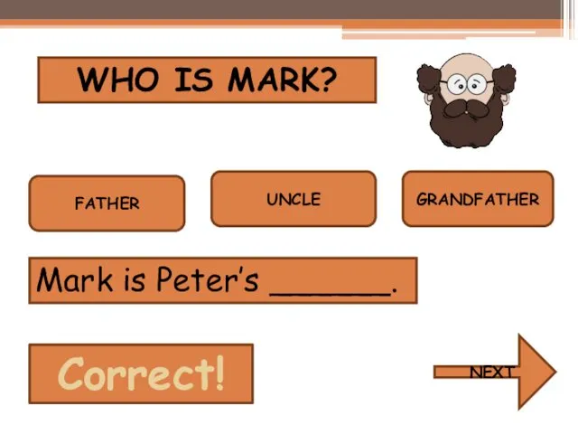 WHO IS MARK? FATHER UNCLE GRANDFATHER Mark is Peter’s ______. NEXT Correct!