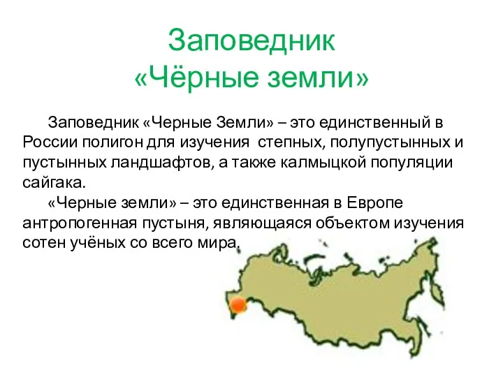 Заповедник «Чёрные земли» Заповедник «Черные Земли» – это единственный в