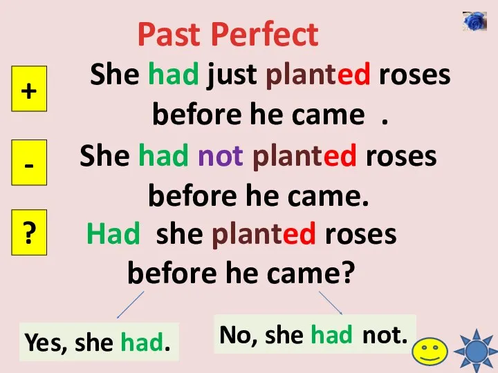 Past Perfect She had just planted roses before he came . + -