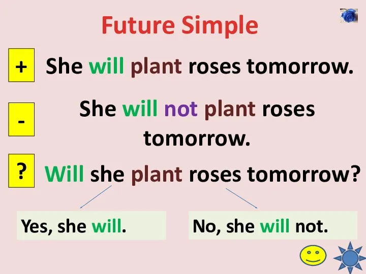 Future Simple She will plant roses tomorrow. + - ? She will not