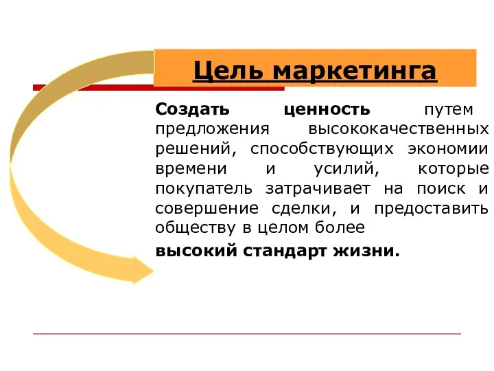 Цель маркетинга Создать ценность путем предложения высококачественных решений, способствующих экономии