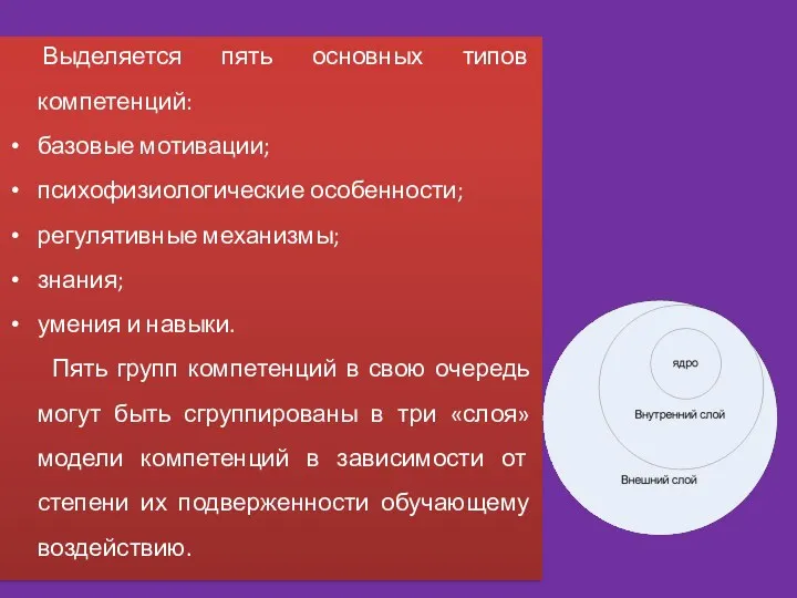 Выделяется пять основных типов компетенций: базовые мотивации; психофизиологические особенности; регулятивные