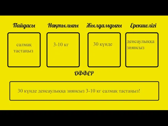 Пайдасы Нақтылығы Жылдамдығы Ерекшелігі ОФФЕР салмақ тастаңыз 3-10 кг 30