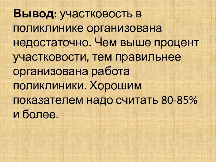 Вывод: участковость в поликлинике организована недостаточно. Чем выше процент участковости,