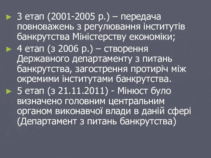 3 етап (2001-2005 р.) – передача повноважень з регулювання інститутів