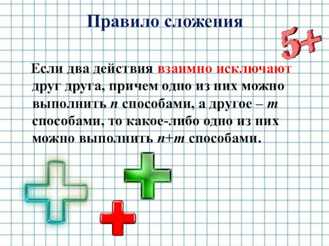 Правило сложения Если два действия взаимно исключают друг друга, причем одно из них