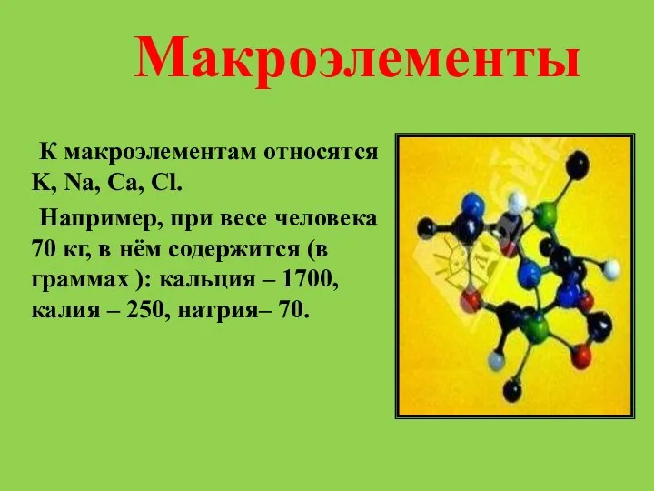 Макроэлементы К макроэлементам относятся K, Na, Ca, Cl. Например, при