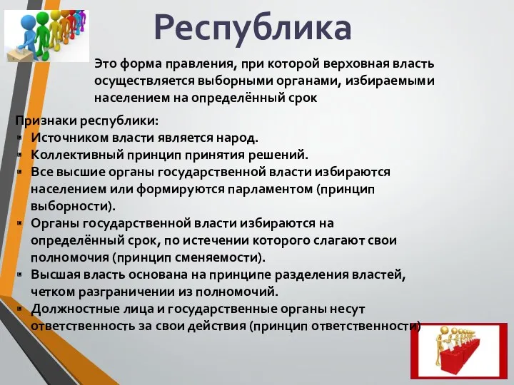 Республика Это форма правления, при которой верховная власть осуществляется выборными органами, избираемыми населением