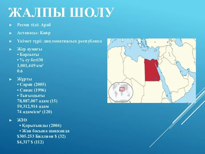 ЖАЛПЫ ШОЛУ Ресми тілі: Араб Астанасы: Каир Үкімет түрі: дипломатиялық