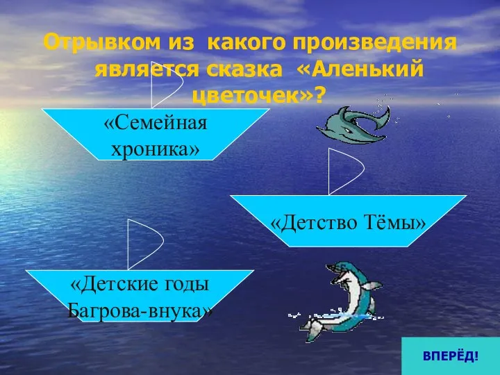 Отрывком из какого произведения является сказка «Аленький цветочек»? «Семейная хроника» «Детские годы Багрова-внука» «Детство Тёмы» ВПЕРЁД!